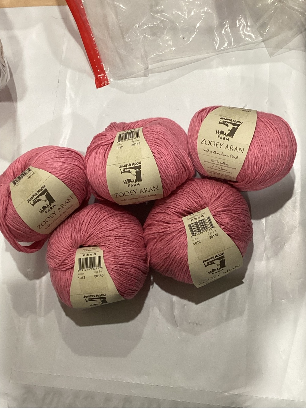 5 skeins of Juniper Moon Farms Zooey Aran yarn